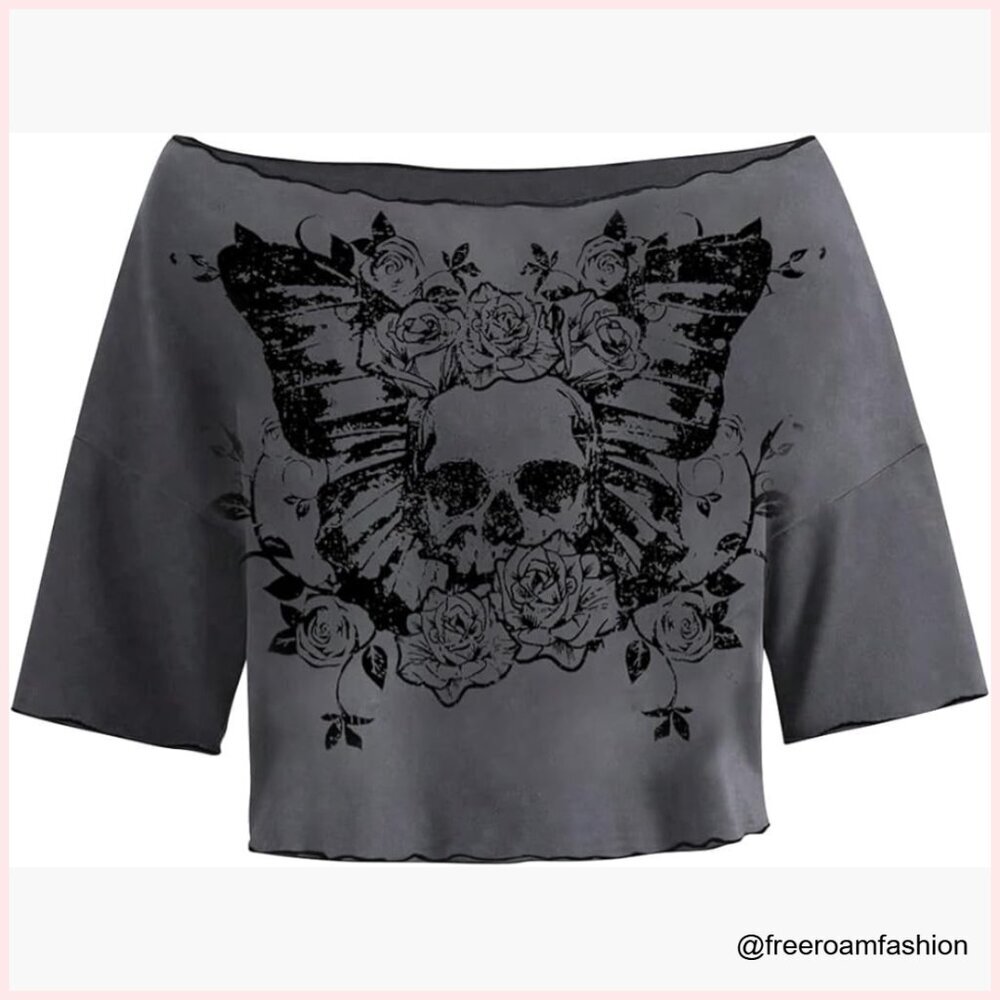 Short Sleeve Crop Top Graphic Tee Off Shoulder Boat Neck Y2K